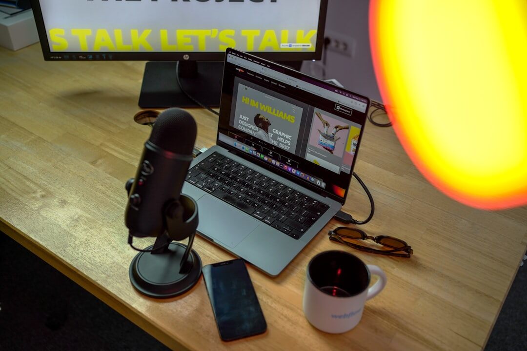 modern radio studio with laptop